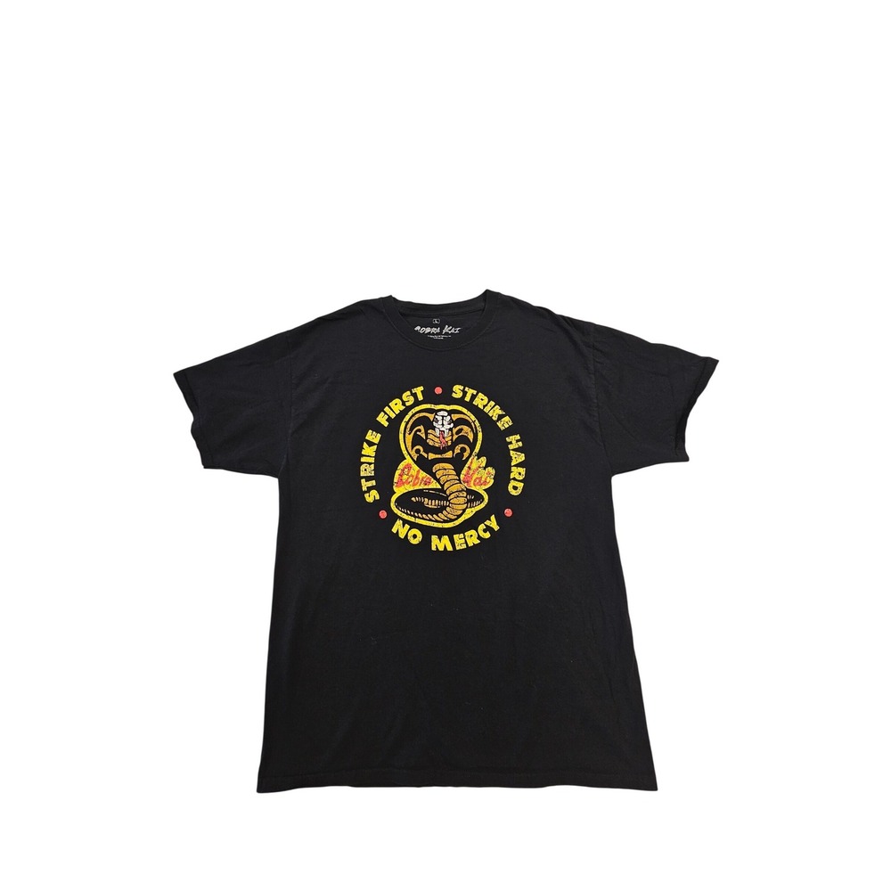 Cobra Kai Strike First Strike Hard No Mercy Black Graphic T-Shirt Mens Large L